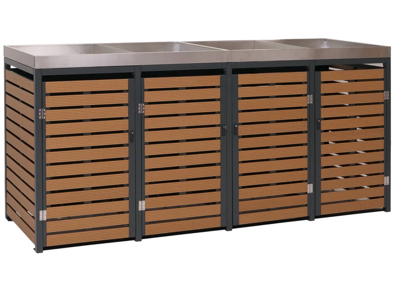 Abris poubelles 4 compartiments avec bac à plantes 124 x 265 x 84 cm WPC acier inoxydable et acier galvanisé aspect teck 04_0007559
