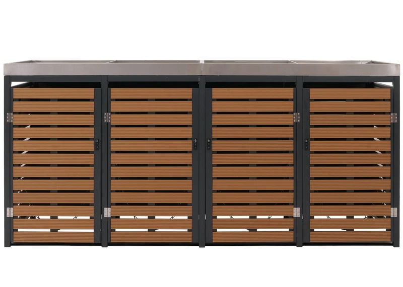 Abris poubelles 4 compartiments avec bac à plantes 124 x 265 x 84 cm WPC acier inoxydable et acier galvanisé aspect teck 04_0007559