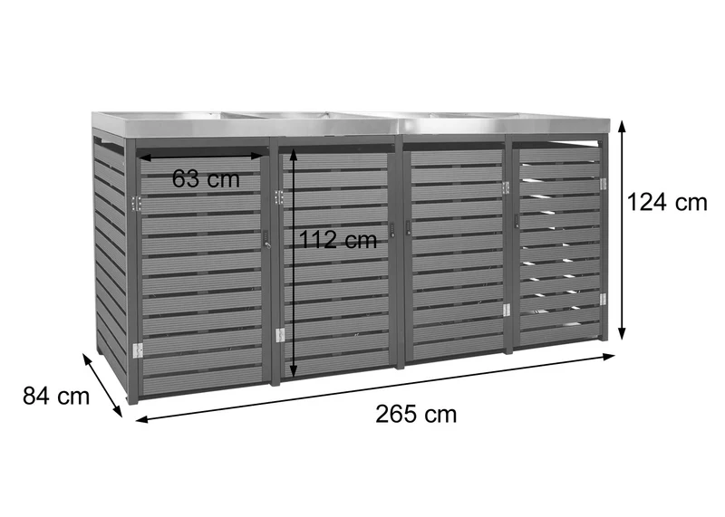 Abris poubelles 4 compartiments avec bac à plantes 124 x 265 x 84 cm WPC acier inoxydable et acier galvanisé aspect teck 04_0007559