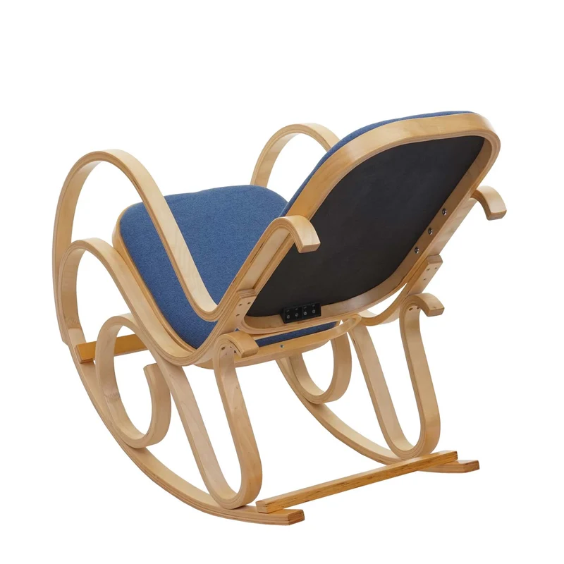 Fauteuil à bascule rocking chair en bois clair assise en tissu bleu M10_005506