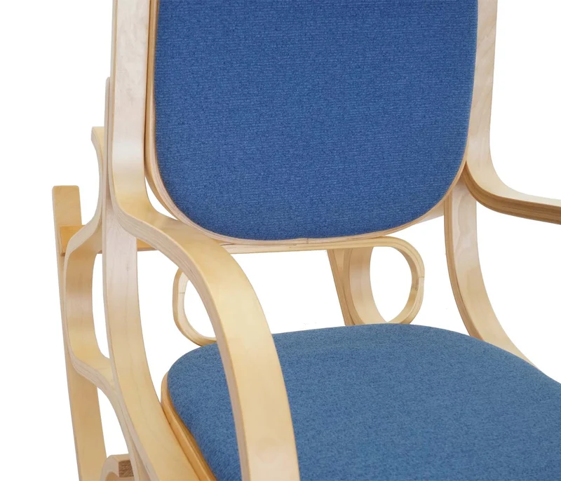 Fauteuil à bascule rocking chair en bois clair assise en tissu bleu M10_005506