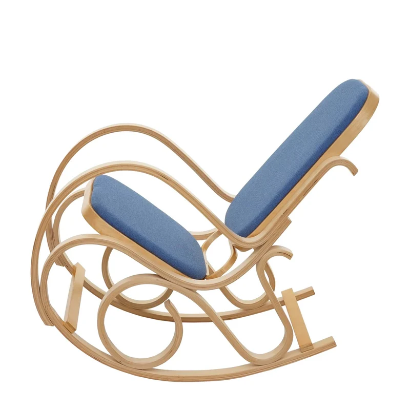 Fauteuil à bascule rocking chair en bois clair assise en tissu bleu M10_005506