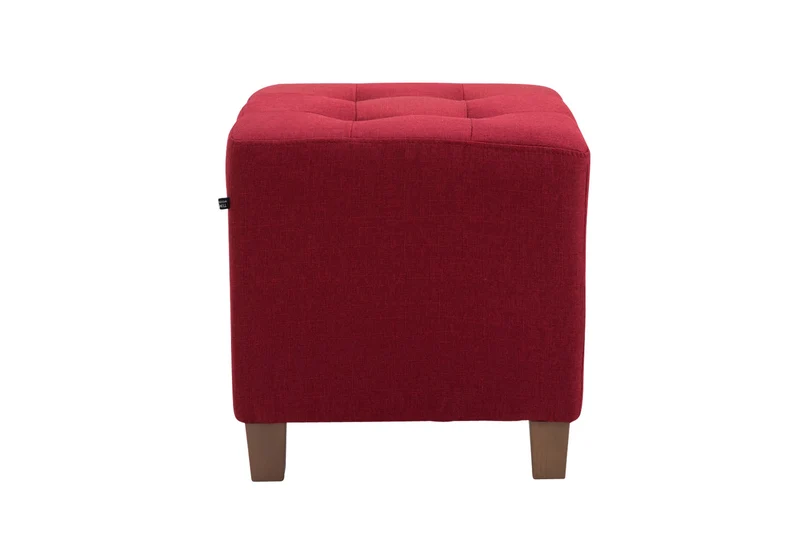 Tabouret bas repose-pieds pouf capitonné en tissu rouge pieds en bois 45x46 cm 10_0000161