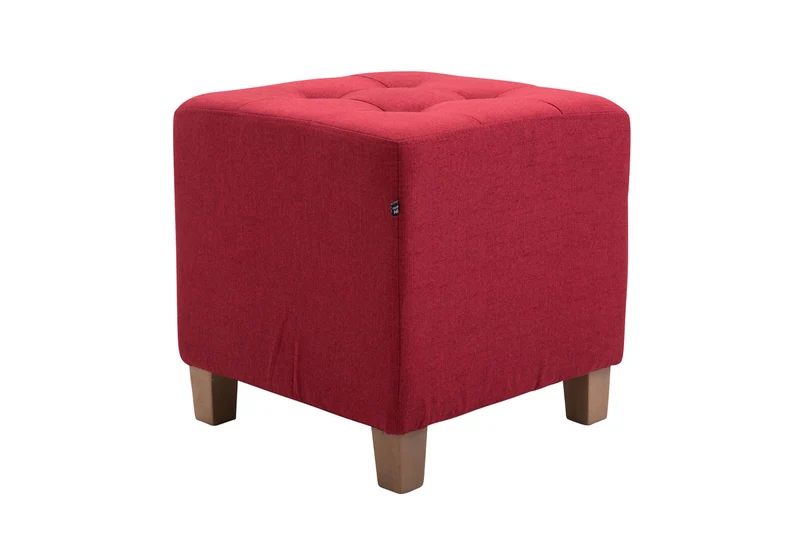 Tabouret bas repose-pieds pouf capitonné en tissu rouge pieds en bois 45x46 cm 10_0000161