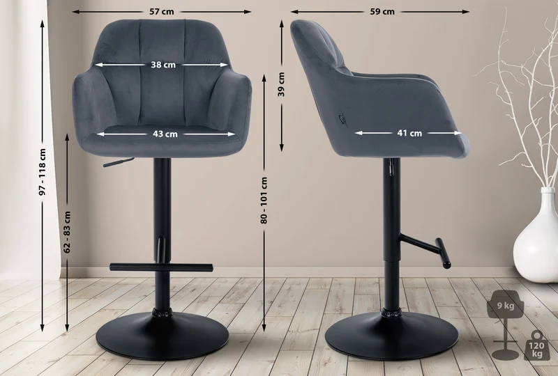 Tabouret de bar chaise haute x1 fonction rotation 360° en velours gris foncé avec coutures décoratives piètement métal noir 10_0005271