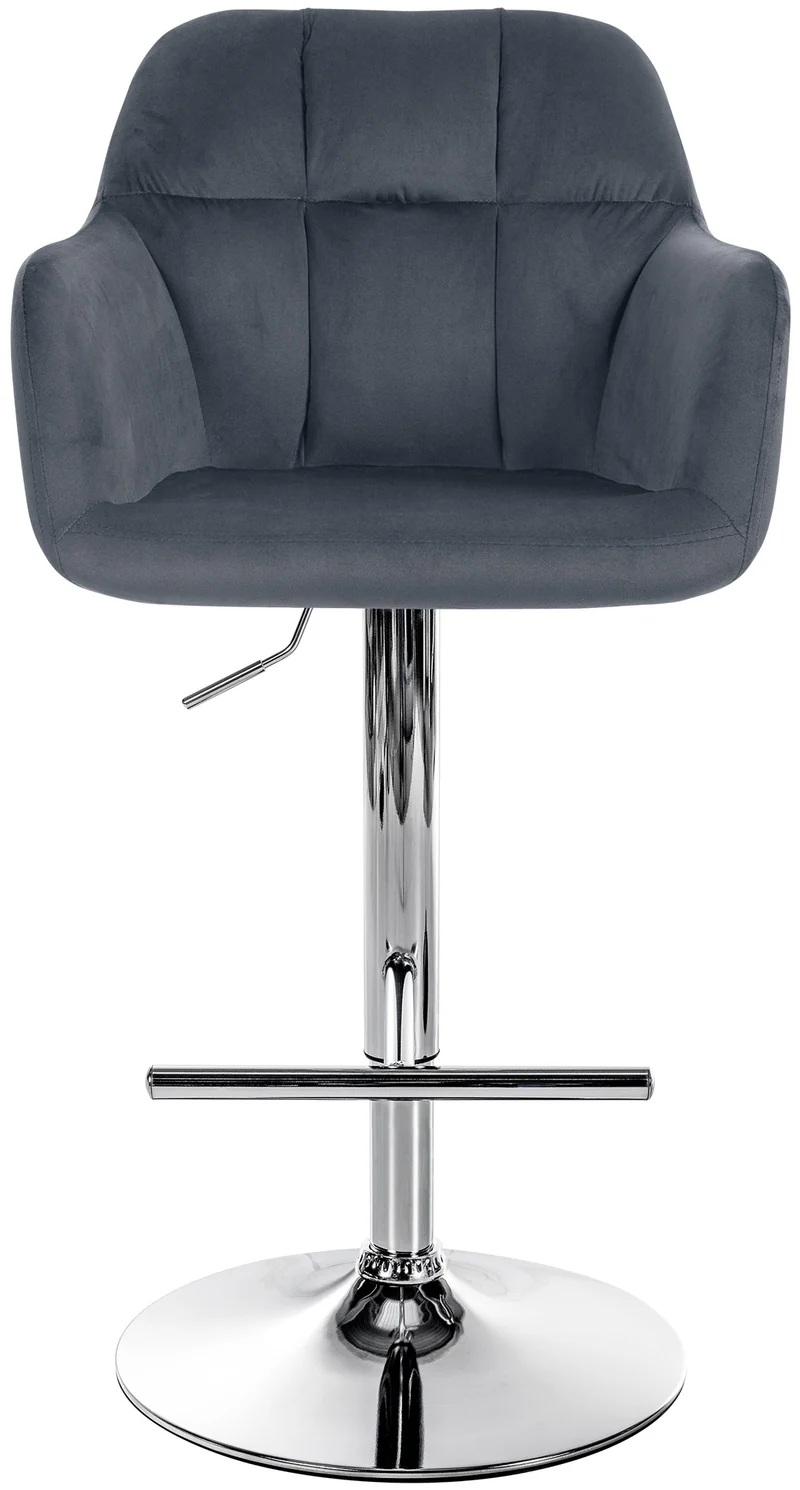 Tabouret de bar chaise haute x1 fonction rotation 360° en velours gris foncé avec coutures décoratives piètement métal chromé 10_0005267