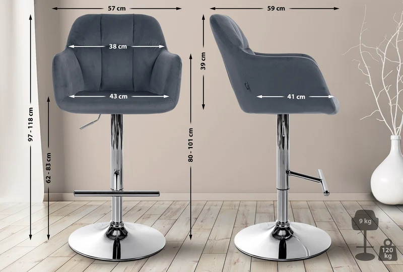 Tabouret de bar chaise haute x1 fonction rotation 360° en velours gris foncé avec coutures décoratives piètement métal chromé 10_0005267