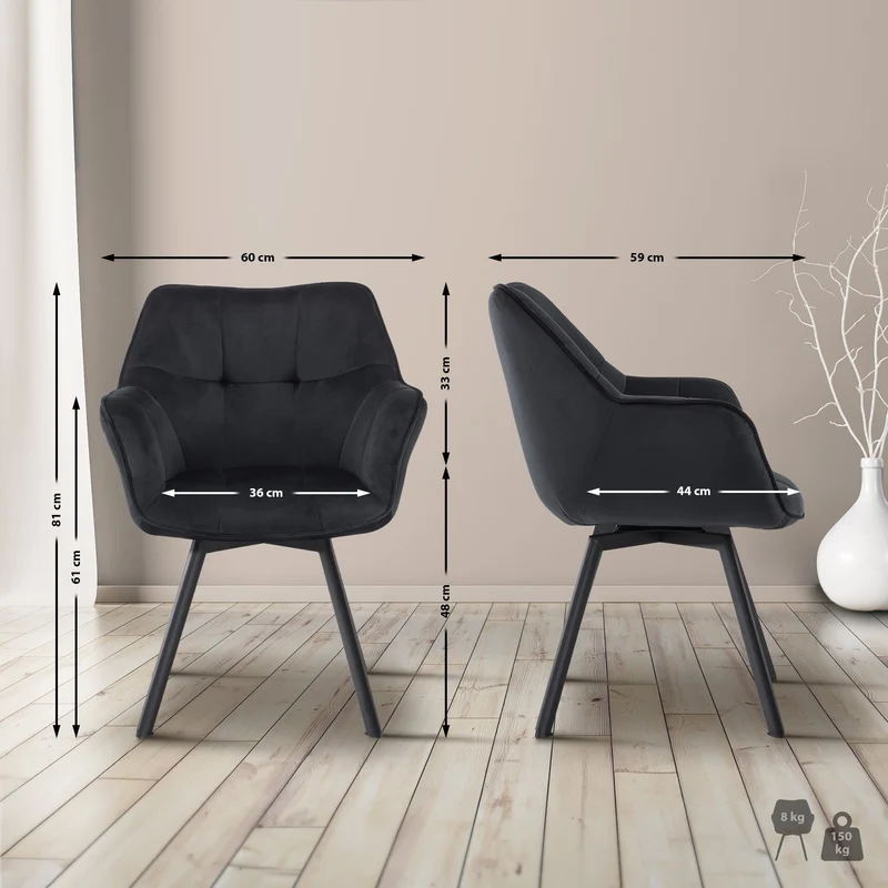 Chaise de salle à manger x1 fonction pivotante en velours noir cadre en métal noir 10_0007205
