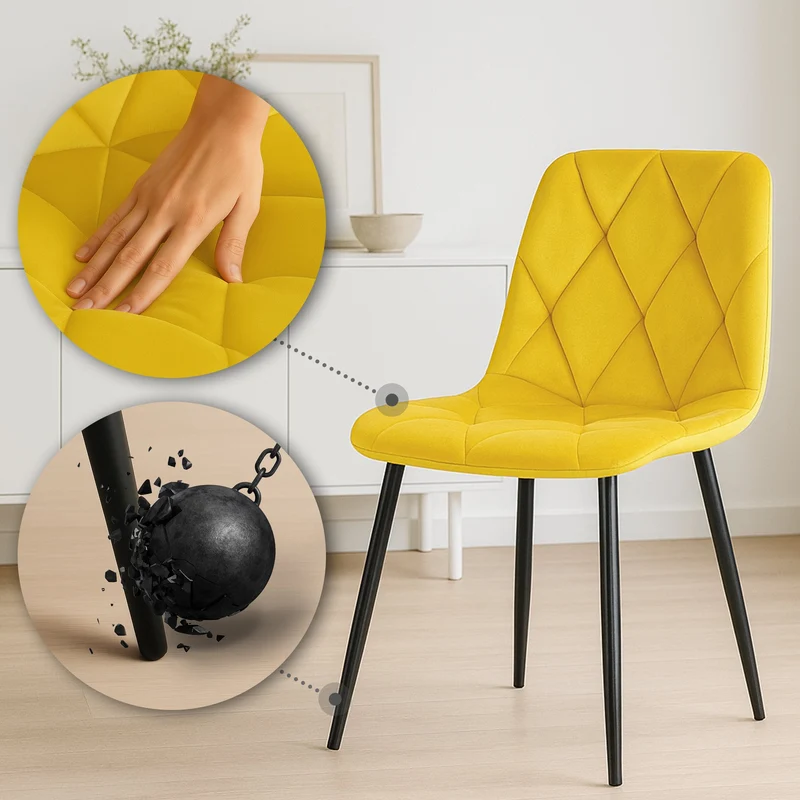 Chaise de salle à manger x1 en velours jaune coutures décoratives losange cadre métal 10_0007191