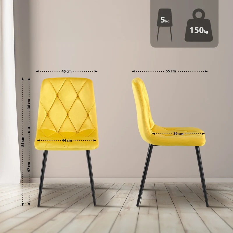 Chaise de salle à manger x1 en velours jaune coutures décoratives losange cadre métal 10_0007191