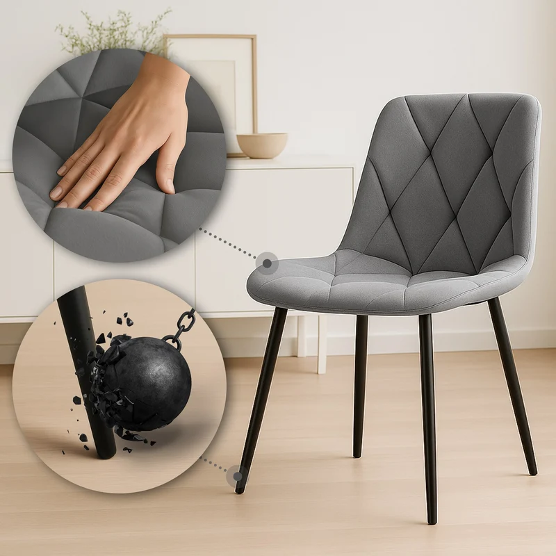 Chaise de salle à manger x1 en velours gris foncé coutures décoratives losange cadre métal 10_0007189
