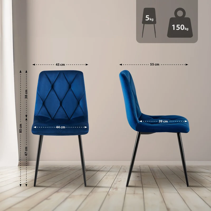 Chaise de salle à manger x1 en velours bleu foncé coutures décoratives losange cadre métal 10_0007188