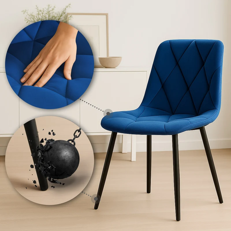 Chaise de salle à manger x1 en velours bleu foncé coutures décoratives losange cadre métal 10_0007188