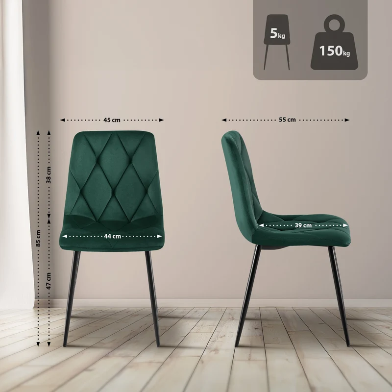 Chaise de salle à manger x1 en velours vert foncé coutures décoratives losange cadre métal 10_0007187