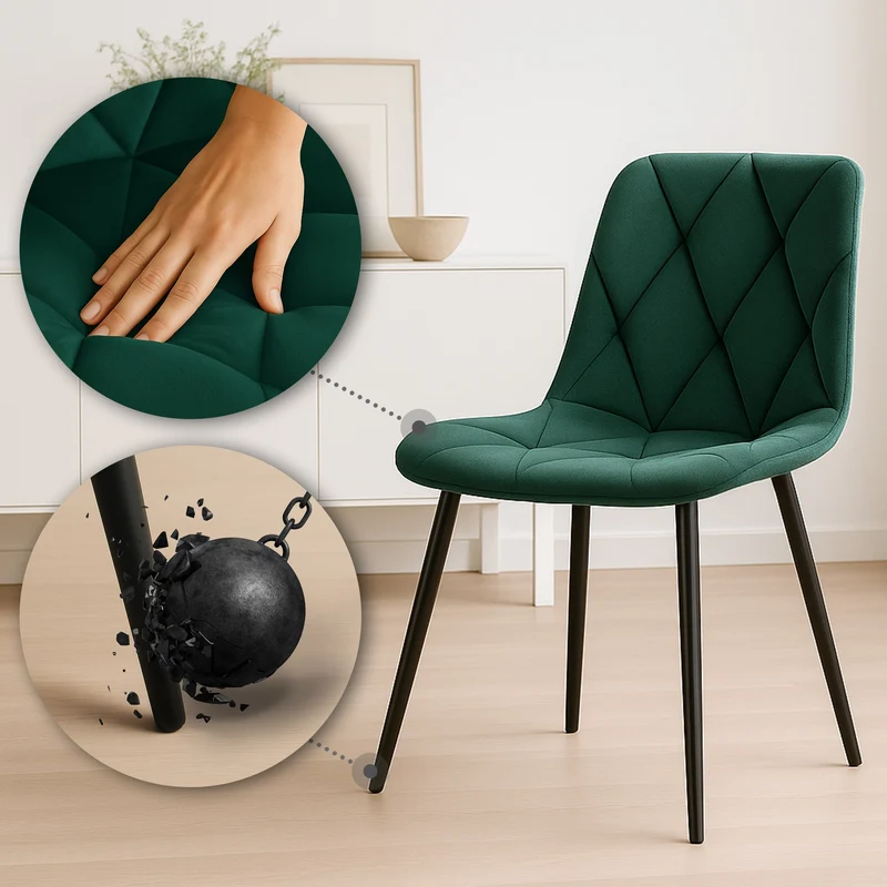 Chaise de salle à manger x1 en velours vert foncé coutures décoratives losange cadre métal 10_0007187