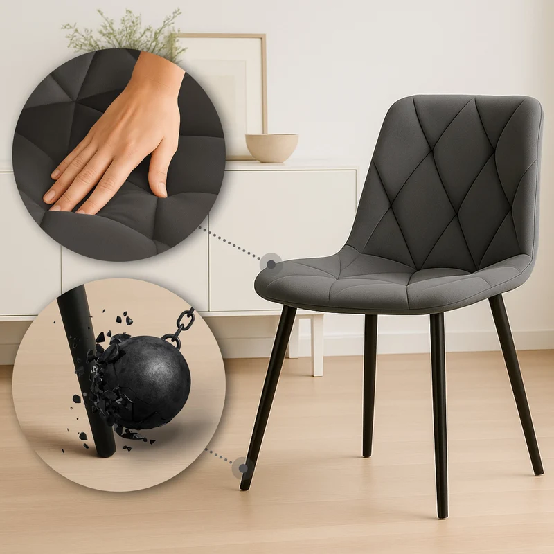 Chaise de salle à manger x1 en velours antracite coutures décoratives losange cadre métal 10_0007186