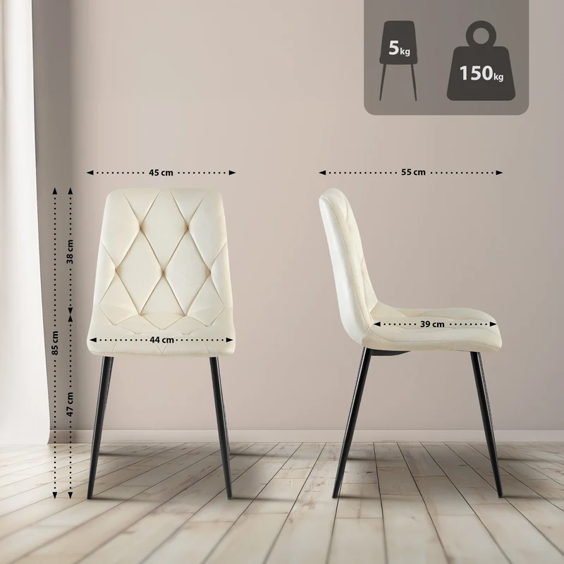 Chaise de salle à manger x1 en velours crème coutures décoratives losange cadre métal 10_0007185