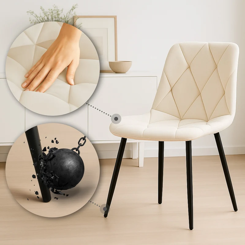 Chaise de salle à manger x1 en velours crème coutures décoratives losange cadre métal 10_0007185