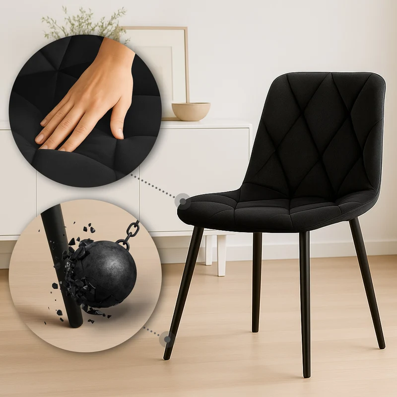 Chaise de salle à manger x1 en velours noir coutures décoratives losange cadre métal 10_0007184