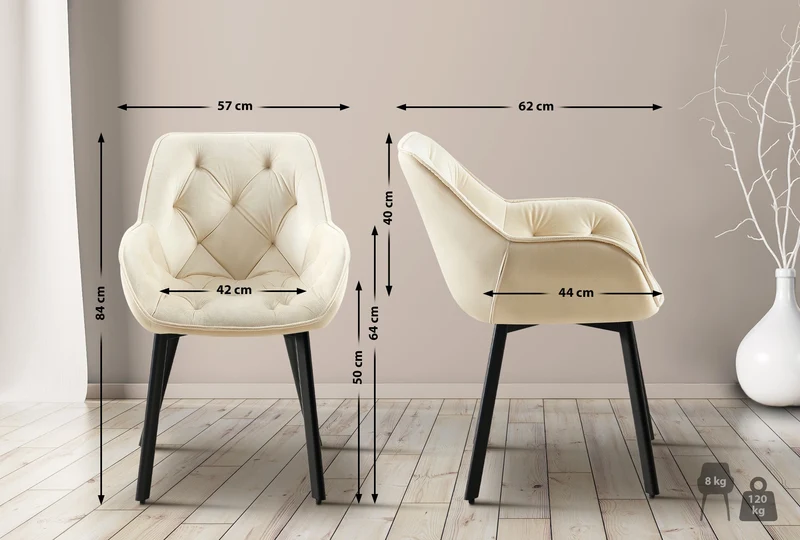 Chaise de salle à manger x1 assise pivotante en velours crème motif matelassé cadre métal 10_0007181