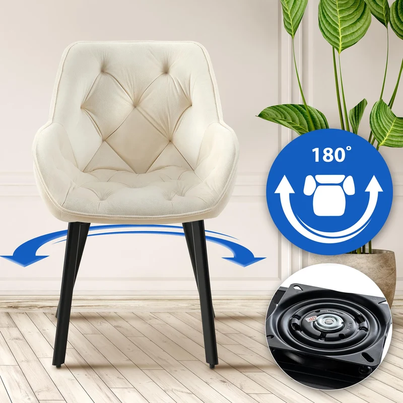 Chaise de salle à manger x1 assise pivotante en velours crème motif matelassé cadre métal 10_0007181