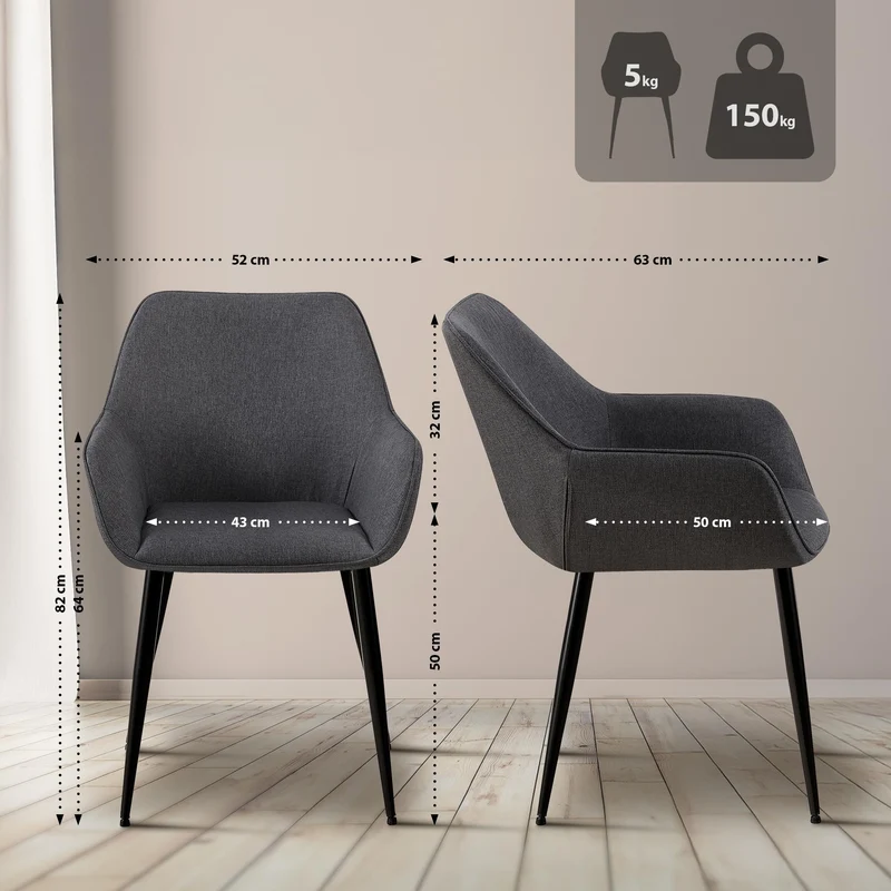 Chaise de salle à manger bureau salle d'attente x1 en tissu gris foncé et métal noir 10_0007180