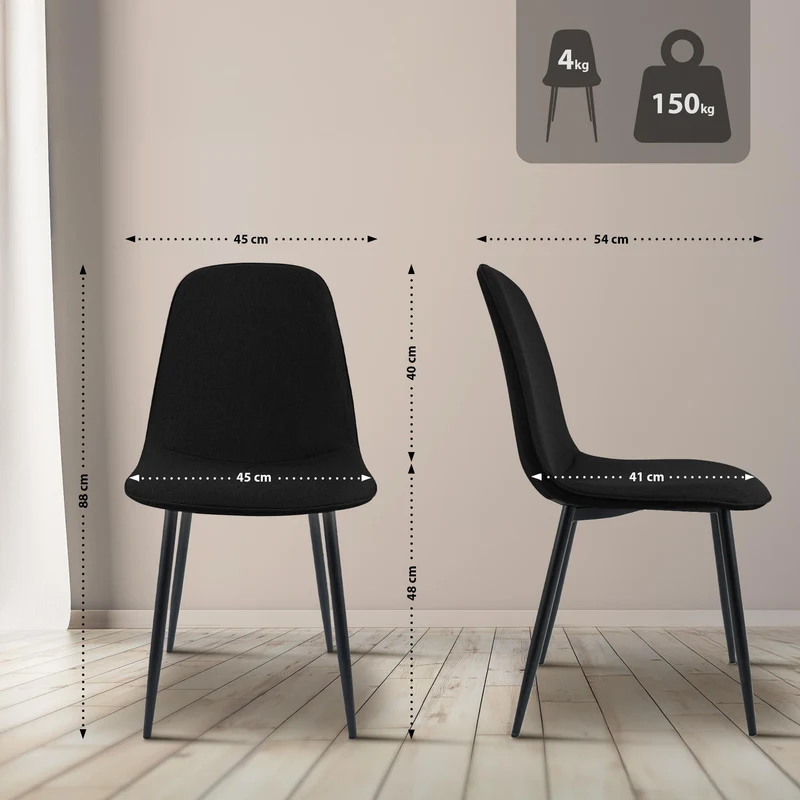 Chaise de salle à manger cuisine x1 design moderne en tissu noir cadre en métal noir 10_0007162