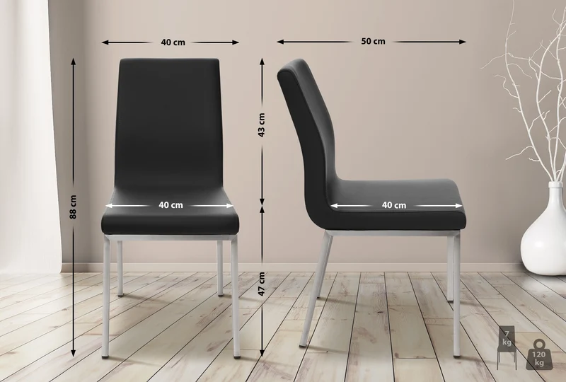Chaise de salle à manger x1 assise et dossier rembourrés en similicuir noir et acier inoxydable 10_0007143