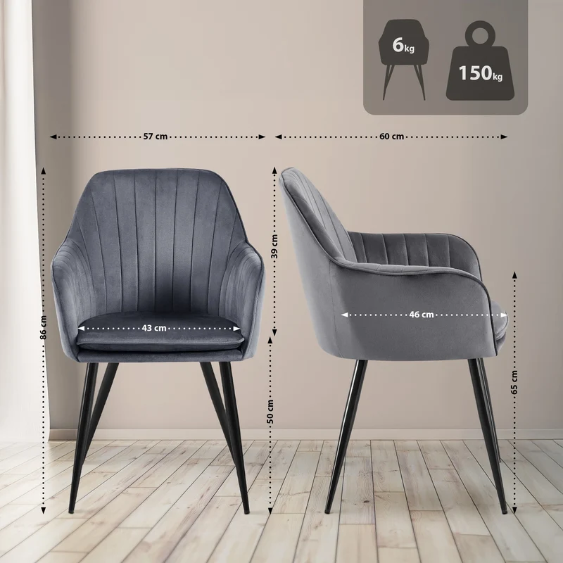 Chaise de salle à manger x1 en velours gris foncé couture verticale structure métallique 10_0007142