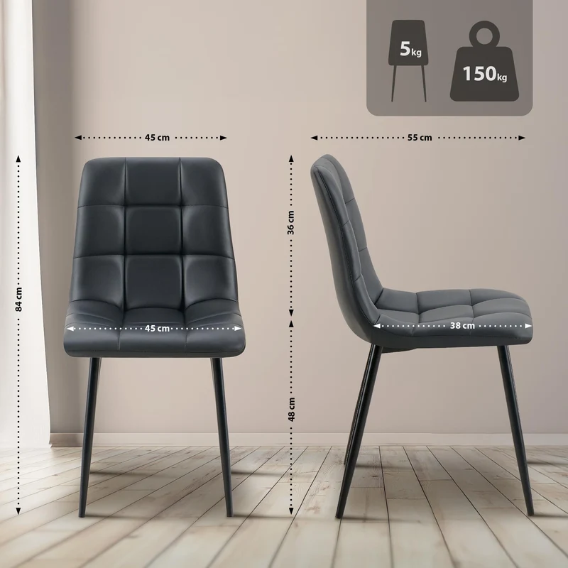 Chaise de salle à manger x1 moderne et confort en similicuir noir coutures carrées cadre métal 10_0007139