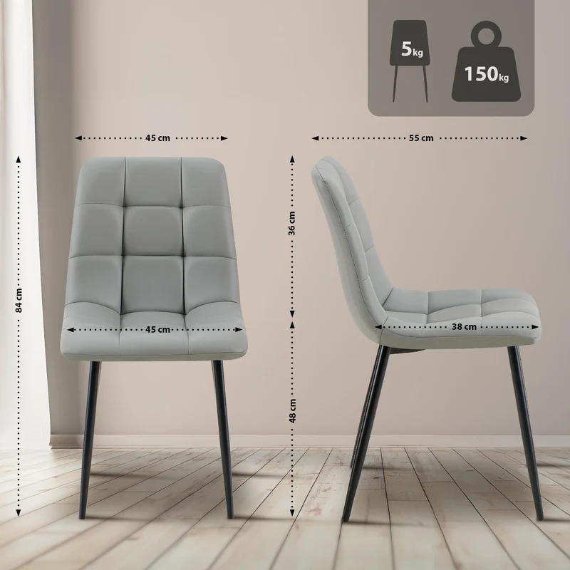 Chaise de salle à manger x1 moderne et confort en similicuir gris clair coutures carrées cadre métal 10_0007138