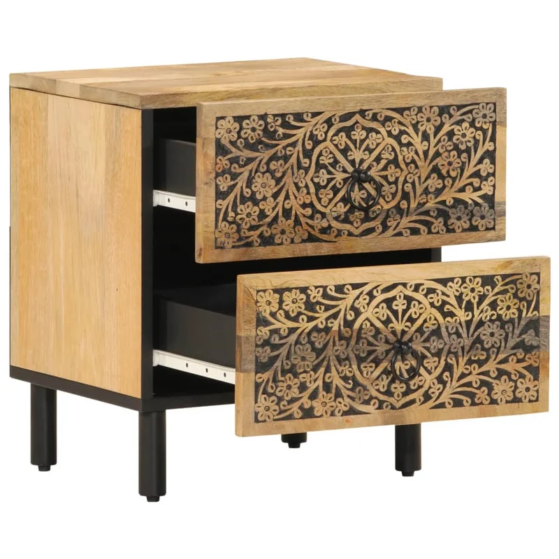 Lot de 2 tables de chevet avec deux tiroirs motif sculpté à la main 40 x 33 x 46 cm bois de manguier bois d'ingénierie et fer DEC034786
