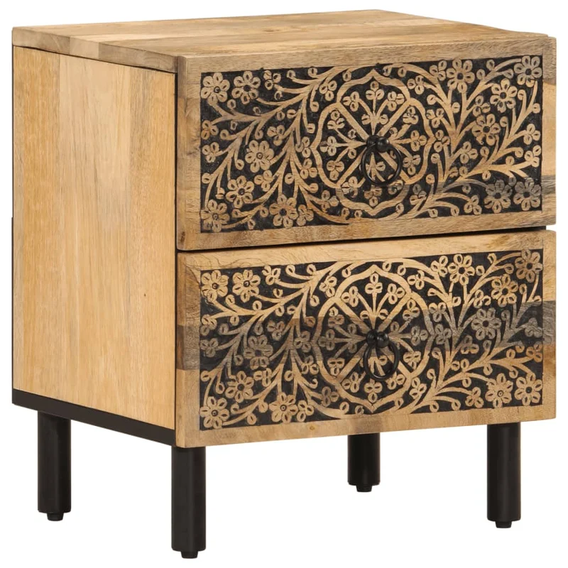 Lot de 2 tables de chevet avec deux tiroirs motif sculpté à la main 40 x 33 x 46 cm bois de manguier bois d'ingénierie et fer DEC034786