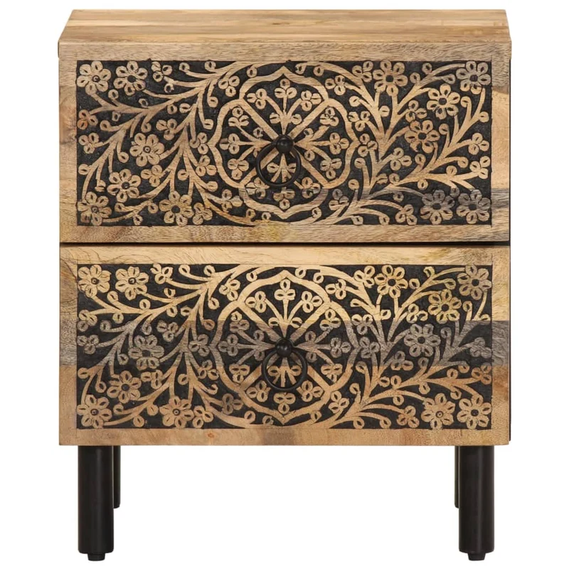 Lot de 2 tables de chevet avec deux tiroirs motif sculpté à la main 40 x 33 x 46 cm bois de manguier bois d'ingénierie et fer DEC034786