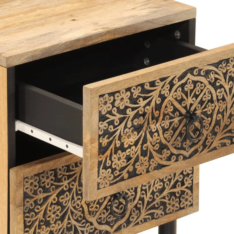 Lot de 2 tables de chevet avec deux tiroirs motif sculpté à la main 40 x 33 x 46 cm bois de manguier bois d'ingénierie et fer DEC034786