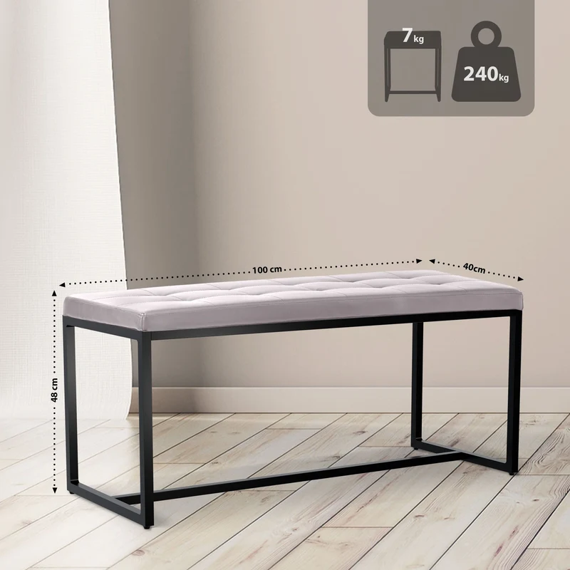 Banc d’entrée contemporain largeur 100cm à structure en métal noir assise capitonnée en tissu blanc 10_0006139