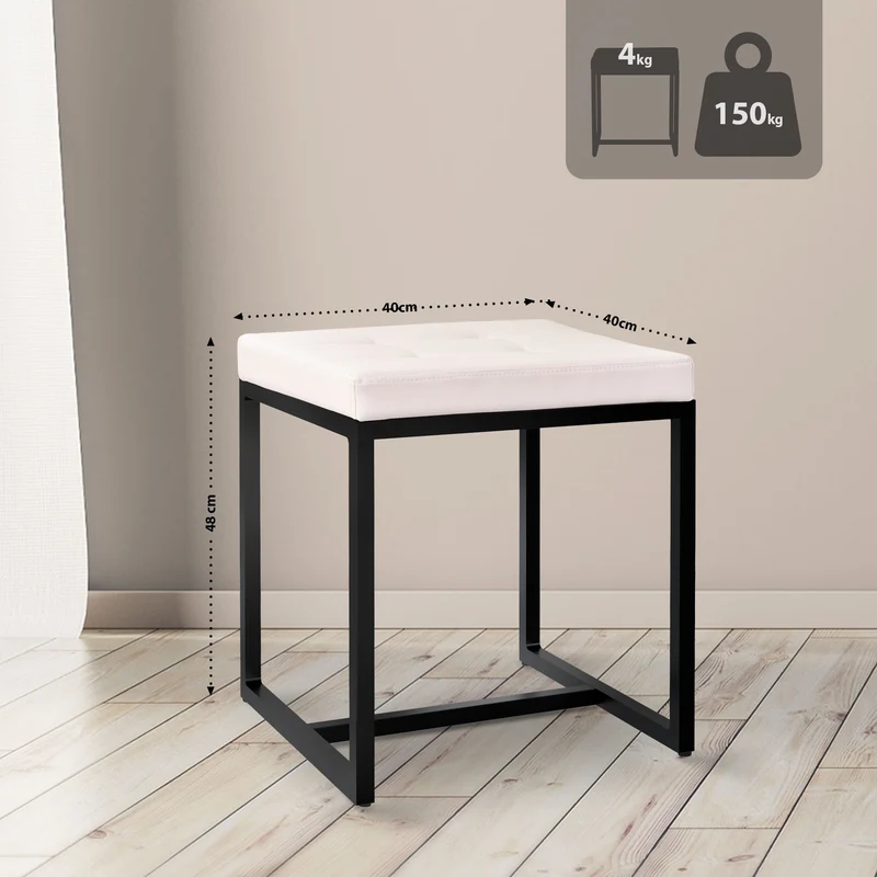 Banc d’entrée tabouret contemporain largeur 40cm à structure en métal noir assise capitonnée en similicuir crème 10_0005946