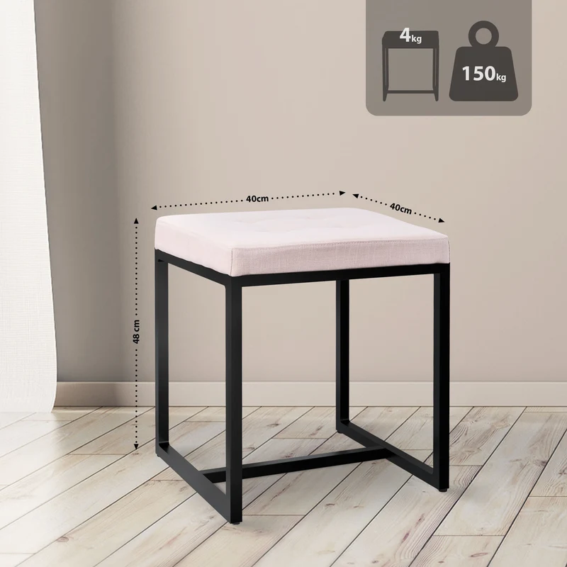 Banc d’entrée tabouret contemporain largeur 40cm à structure en métal noir assise capitonnée en tissu crème 10_0005924