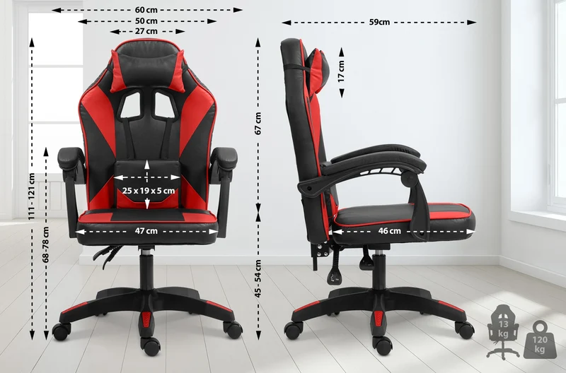 Chaise de bureau gaming dossier inclinable 130° sur roulettes avec accoudoirs en similicuir noir et rouge et plastique 10_0006957