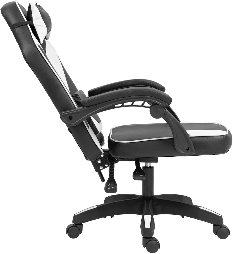 Chaise de bureau gaming dossier inclinable 130° sur roulettes avec accoudoirs en similicuir noir et blanc et plastique 10_0006952