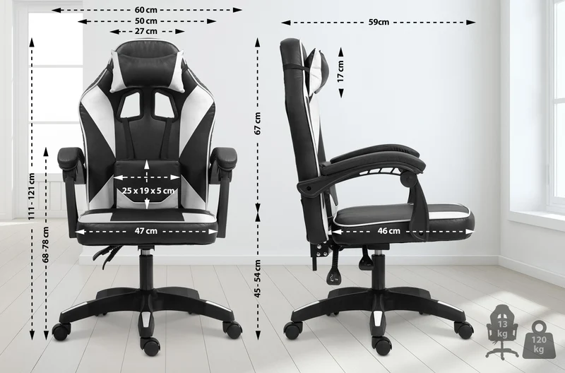 Chaise de bureau gaming dossier inclinable 130° sur roulettes avec accoudoirs en similicuir noir et blanc et plastique 10_0006952