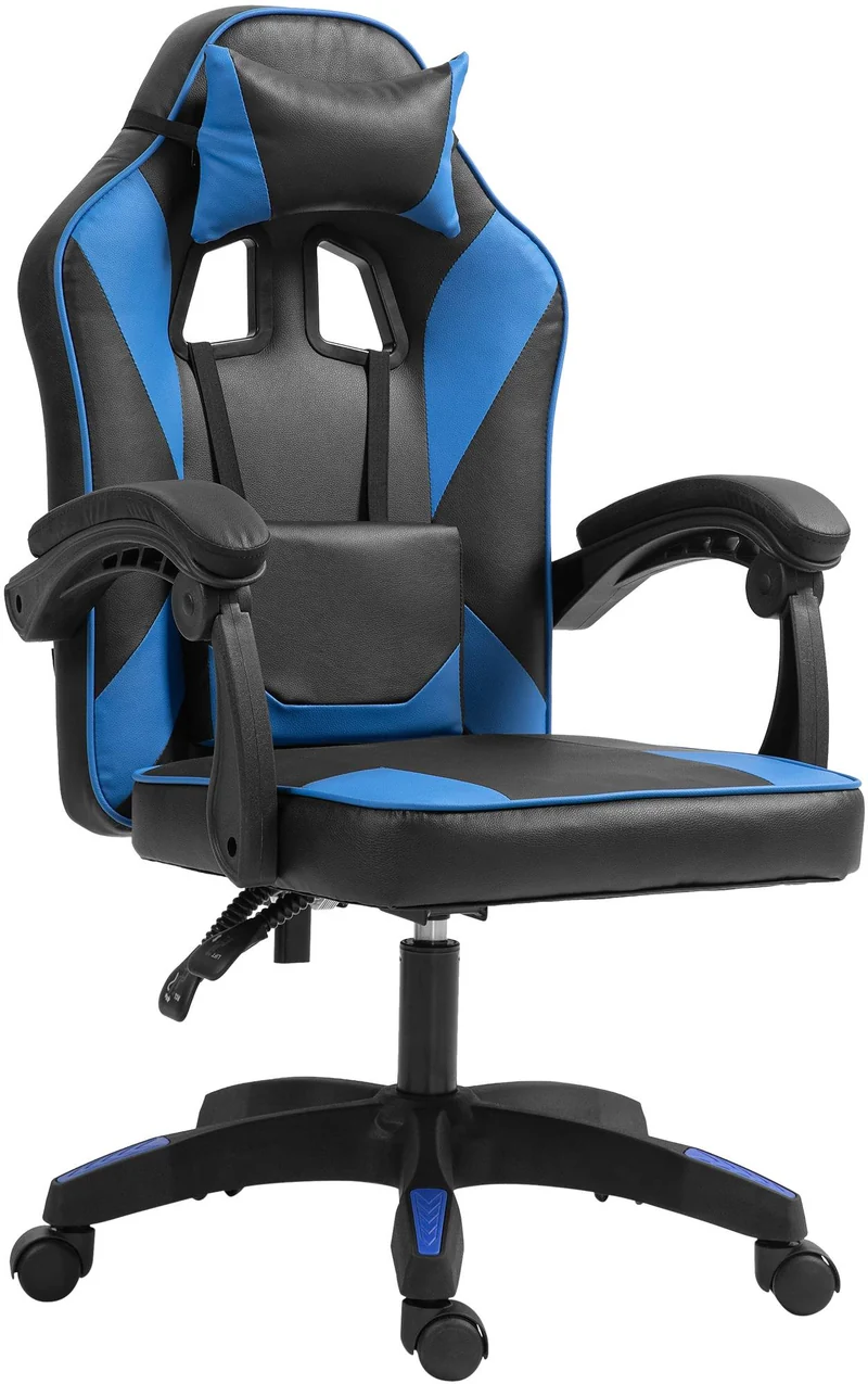 Chaise de bureau gaming dossier inclinable 130° sur roulettes avec accoudoirs en similicuir noir et beu et plastique 10_0006951