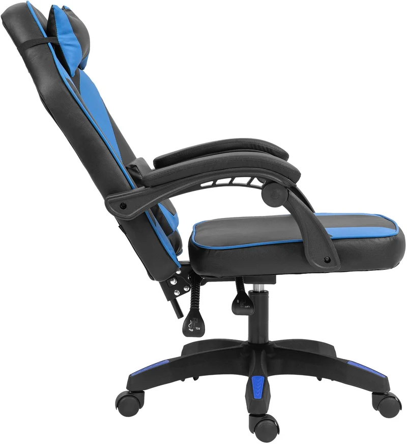 Chaise de bureau gaming dossier inclinable 130° sur roulettes avec accoudoirs en similicuir noir et beu et plastique 10_0006951