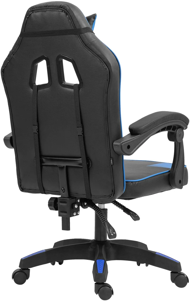 Chaise de bureau gaming dossier inclinable 130° sur roulettes avec accoudoirs en similicuir noir et beu et plastique 10_0006951