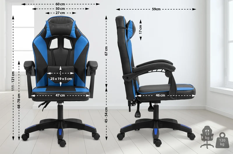Chaise de bureau gaming dossier inclinable 130° sur roulettes avec accoudoirs en similicuir noir et beu et plastique 10_0006951
