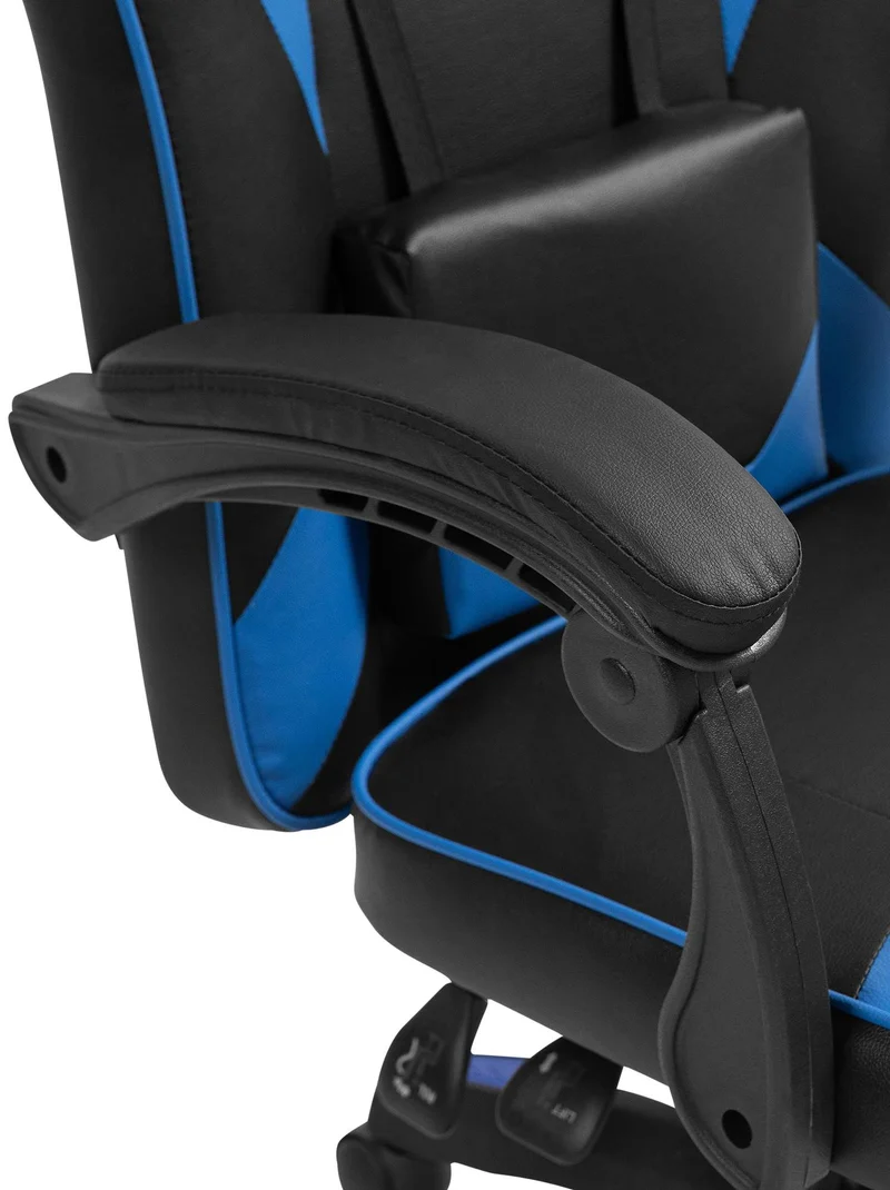 Chaise de bureau gaming dossier inclinable 130° sur roulettes avec accoudoirs en similicuir noir et beu et plastique 10_0006951