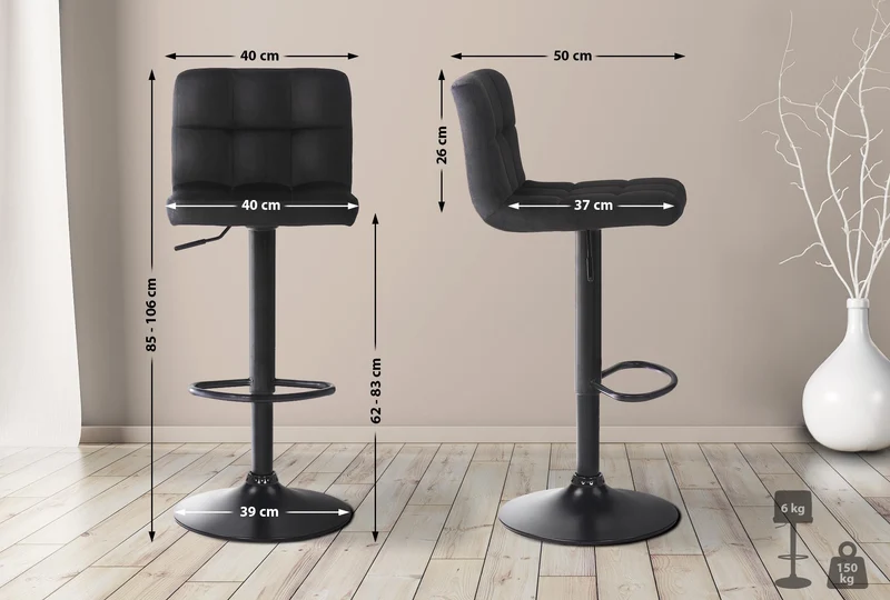 Lot de 2 tabourets de bar en velours noir coutures décoratives piètement métal noir 10_0005563