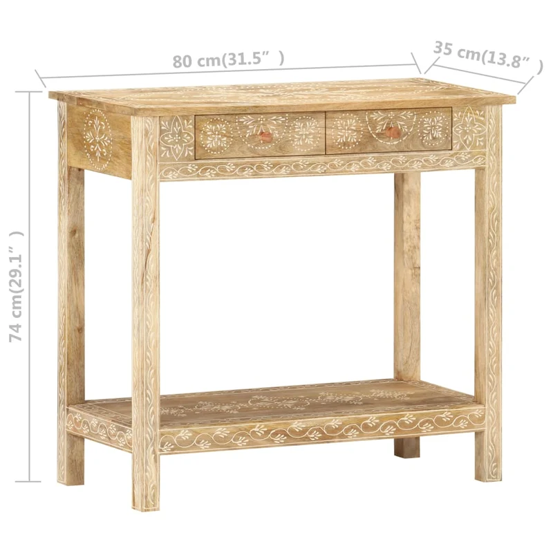 Table console avec tiroirs et étagère 80 x 35 x 74 cm bois de manguier avec motif peint à la main DEC031574