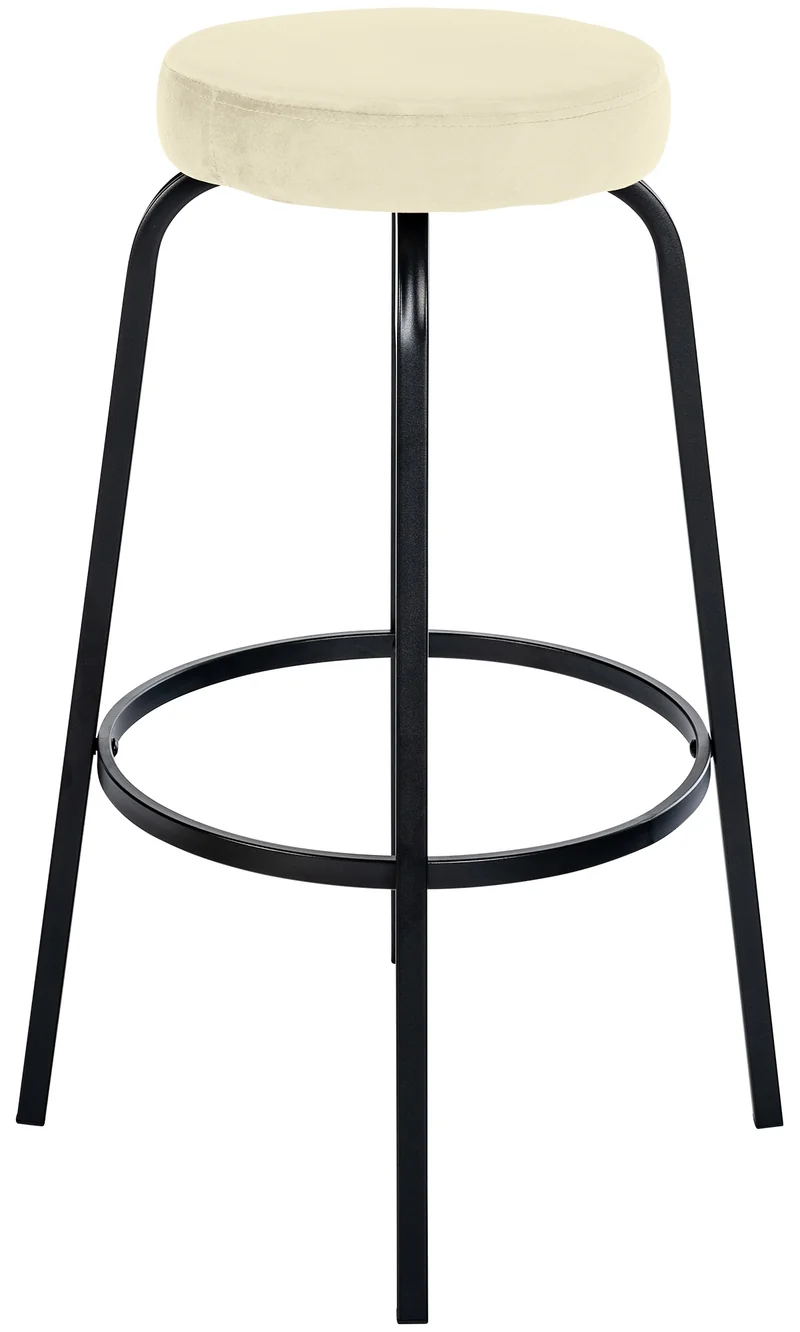 Tabouret de bar avec repose-pieds en velours crème piètement métallique noir mat à quatre pieds 10_0005809