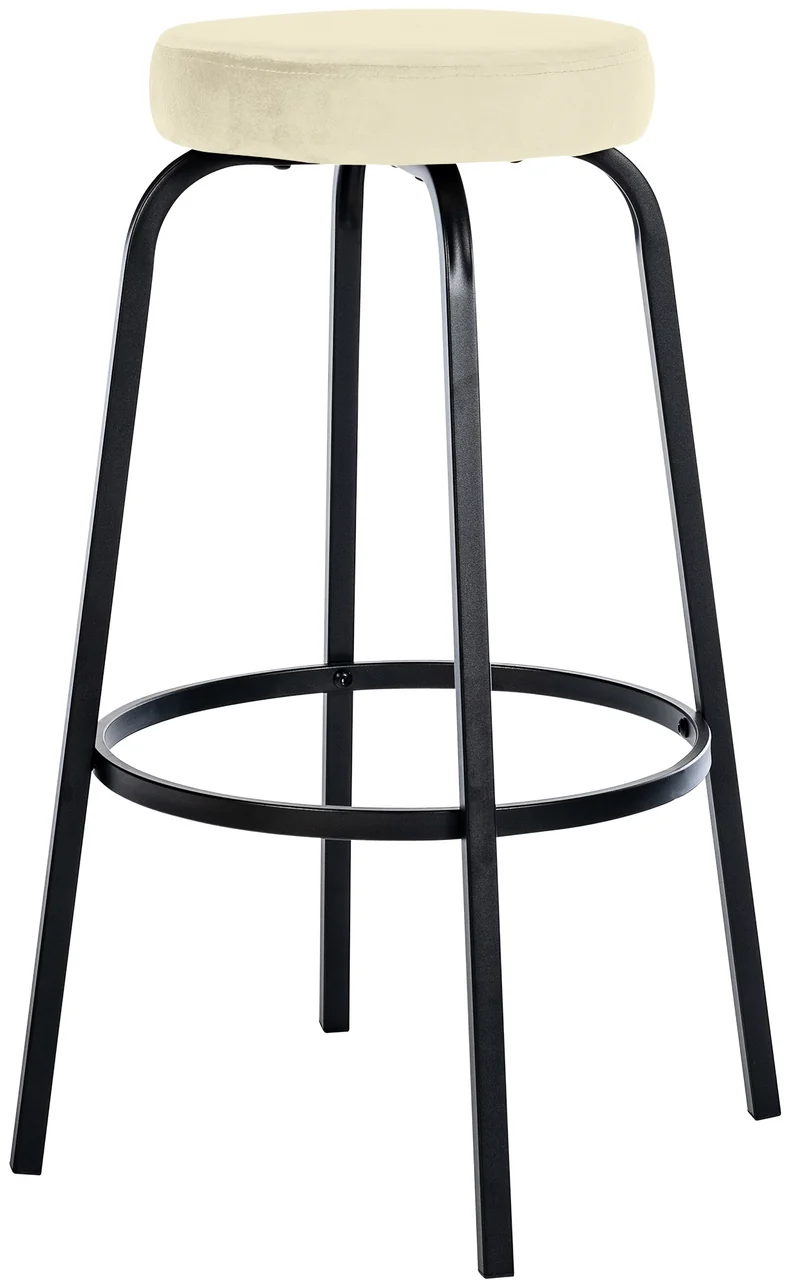 Tabouret de bar avec repose-pieds en velours crème piètement métallique noir mat à quatre pieds 10_0005809